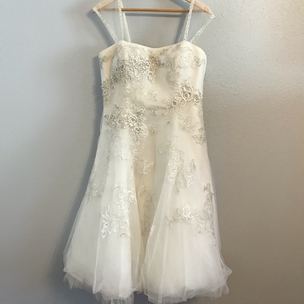 Oleg Cassini Lace Tea Length Dress w/Cap Sleeve